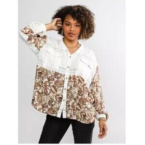 Gimmicks Buckle Paisley Pieced Blouse Boho Mixed-Print Button-Front Size Large